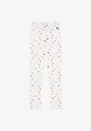 Florale Leggings aus leichtem, elastischem Stoff. Elfenbeinfarbener Hintergrund mit kleinen pinken, blauen und roten Blumen. Elastischer Bund, schmale Passform.