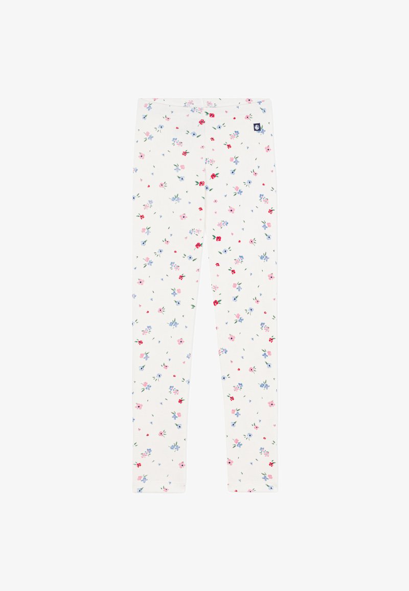 Florale Leggings aus leichtem, elastischem Stoff. Elfenbeinfarbener Hintergrund mit kleinen pinken, blauen und roten Blumen. Elastischer Bund, schmale Passform.