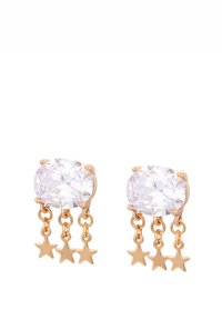 Guld-tone øreringe med ovale klare krystaller og tre hængende guldstjerne-charms. Glat overflade med skinnende finish og delikate kæder.