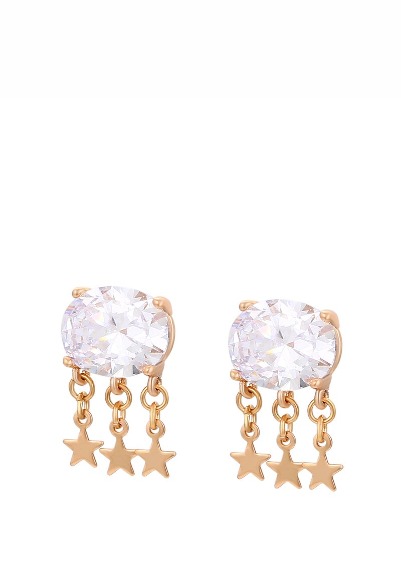 Guld-tone øreringe med ovale klare krystaller og tre hængende guldstjerne-charms. Glat overflade med skinnende finish og delikate kæder.