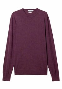 Pull en jersey à manches longues, col rond, de couleur violet foncé uni, avec des poignets et un ourlet côtelés, posé à plat sur un fond blanc.