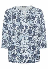 Blumenbluse in Hellblau und Marineblau, mit rundem Halsausschnitt, 3/4-Ärmeln und lockerer Passform. Hergestellt aus weichem, leichtem Stoff.