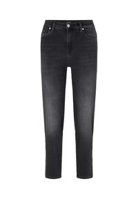 Jean en denim noir avec une coupe slim, comportant cinq poches, une fermeture à bouton à l'avant et un léger dégradé. L'ourlet se termine juste au-dessus de la cheville.