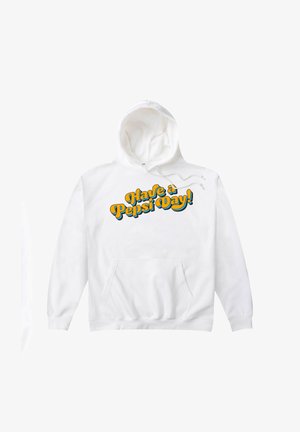 Bílá mikina s kapucí a přední kapsou, s oranžovým retro nápisem "Mějte Pepsi den!" umístěným uprostřed hrudi.