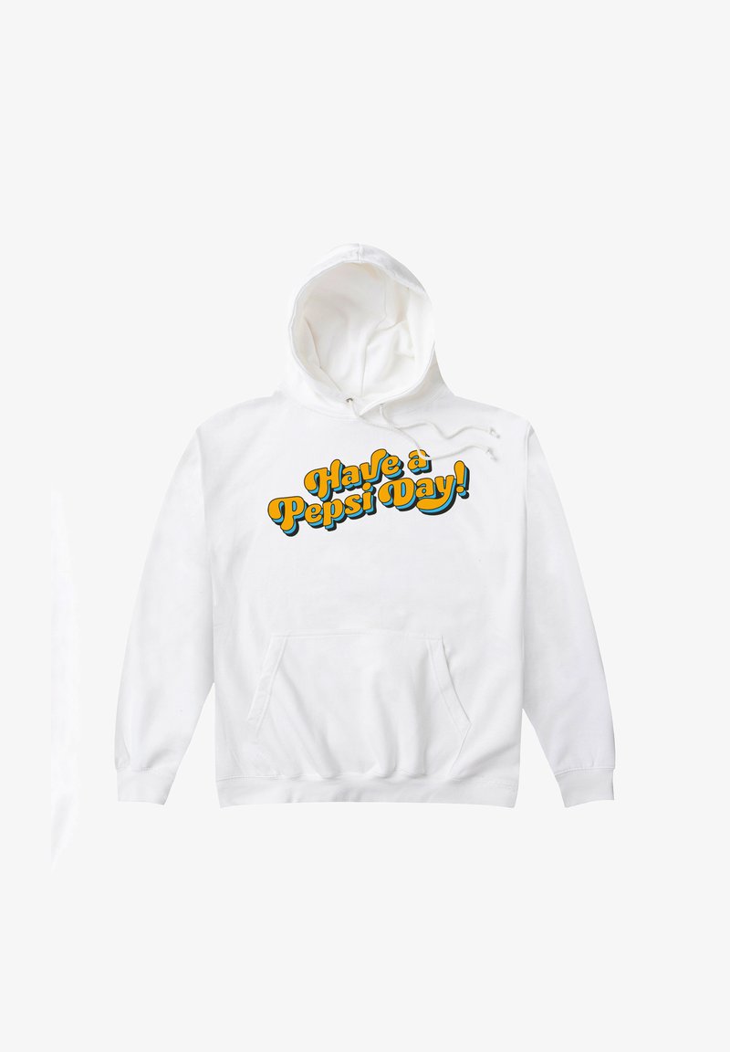Sweatshirt à capuche blanc avec poche avant et texte rétro orange "Passez une bonne journée avec Pepsi !" centré sur la poitrine.