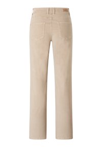Beige corduroy pants with a straight leg design, five pockets, and a subtle texture. Features a branded tab at the waistband.