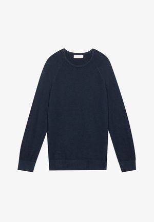 Tengerészkék pulóver, könnyű kötött anyagból, kerek nyakkivágással, bordás mandzsettákkal és hemérettel, raglánujjakkal és finom textúrával.