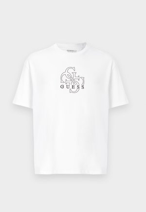 T-shirt en coton blanc à manches courtes, avec un design de logo en contour noir sur le devant. Encolure ronde, coupe décontractée.