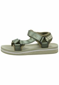 Green nylon sandal with a contoured footbed, adjustable straps, and a light gray rubber sole featuring a white stripe detail.