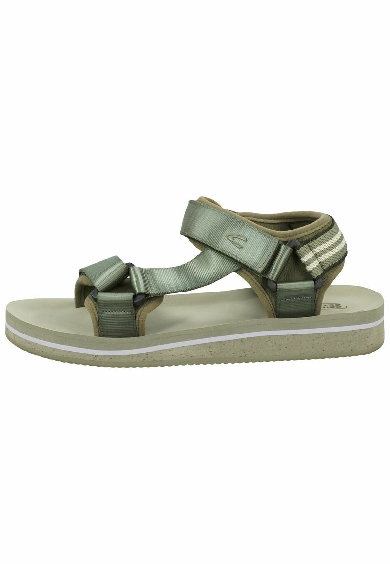 Green nylon sandal with a contoured footbed, adjustable straps, and a light gray rubber sole featuring a white stripe detail.