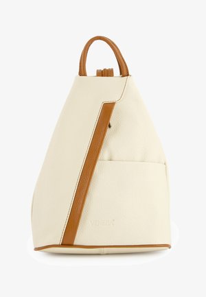 Krem- og brunlæder håndtaske med håndtag i toppen, frontlomme og diagonalt accentstribe, mærket Venezia foran.