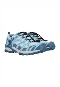 Light blue waterproof shoes with a textured upper, black laces, and a rugged rubber sole. Features mesh panels and a supportive design.