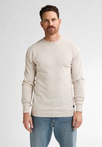 Lichtbeige lange mouwen trui met gespikkelde textuur. Ribgebreide halslijn en manchetten, gemaakt van zacht materiaal. Gecombineerd met blauwe spijkerbroek.