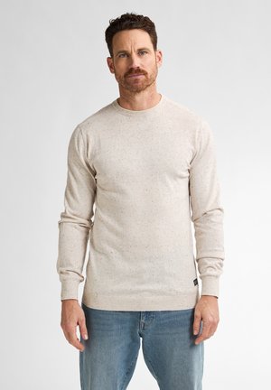 Light beige long-sleeve sweater with speckled texture. Ribbed neckline and cuffs, made from soft material. Paired with blue denim jeans.