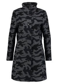 Wollen mantel met een zwart-grijs camouflagepatroon, hoge kraag, vijf knopen aan de voorkant, lange mouwen en een rechte snit.