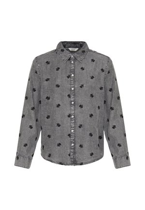 Chemise grise en coton avec boutons, broderie de feuilles noires, col, manches longues et ourlet incurvé. Fermeture à boutons métalliques.