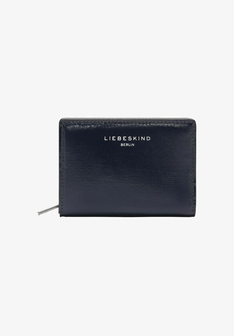 Portefeuille en cuir bleu marine avec une surface élégante et texturée. Présente un logo argenté "LIEBESKIND BERLIN" sur le devant et une fermeture à glissière sur tout le tour.