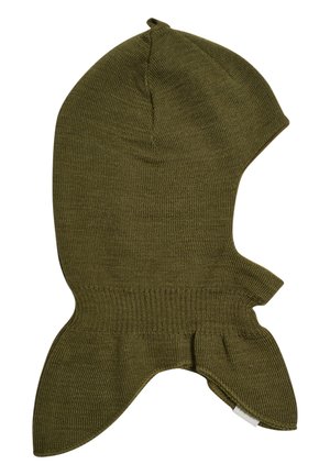 Olivgrüne Strickbalaclava mit runder Oberseite, gerippten Kanten und Ohrenklappen. Hergestellt aus einem weichen, strukturierten Stoff mit nahtloser Verarbeitung.