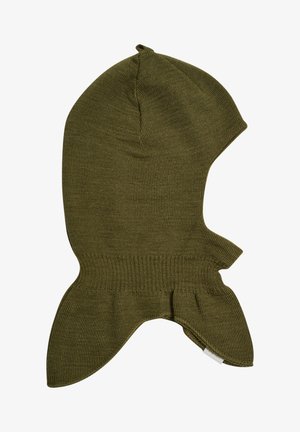 Olivgrüne Strickbalaclava mit runder Oberseite, gerippten Kanten und Ohrenklappen. Hergestellt aus einem weichen, strukturierten Stoff mit nahtloser Verarbeitung.