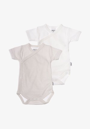 Zwei kurzärmelige Bodysuits. Der eine ist einfarbig weiß, der andere hat ein hellgraues streifenmuster in horizontaler Anordnung. Beide verfügen über Druckknopfverschlüsse.
