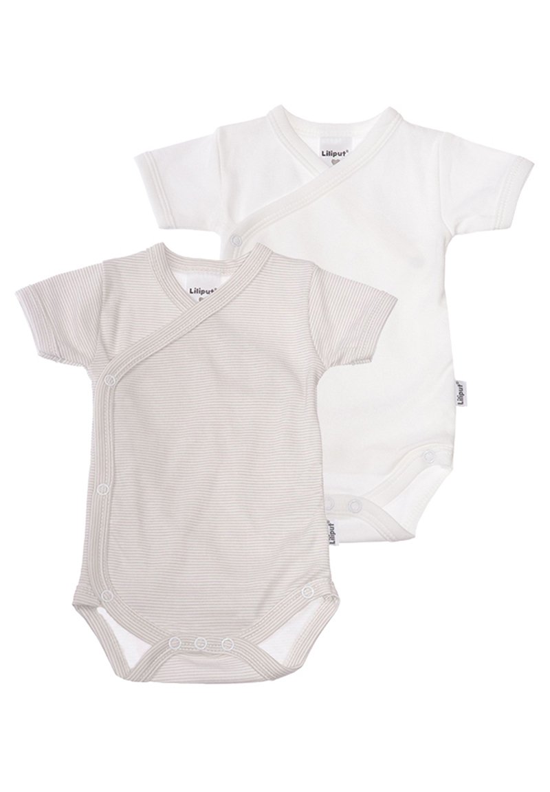 Two short-sleeve bodysuits. One is solid white, the other features a light gray horizontal stripe pattern. Both have snap closures.