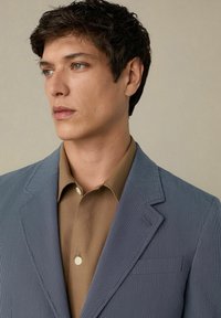 Blazer azzurro chiaro a righe sottili con revers strutturati, indossato sopra una camicia marrone con bottoni. Tessuto liscio, privo di motivi o dettagli visibili.
