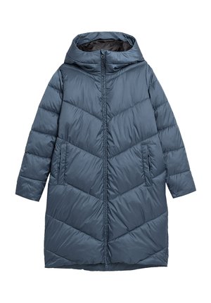 Lange blauw gewatteerde winterjas met capuchon, rits aan de voorkant en zijzakken, ontworpen voor koud weer.