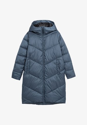 Lange blauw gewatteerde winterjas met capuchon, rits aan de voorkant en zijzakken, ontworpen voor koud weer.