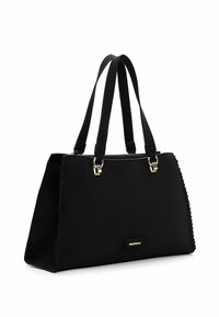 Sac à main rectangulaire noir avec doubles anses d'épaule, garnitures dorées et détails cousus sur les côtés, présenté sur un fond blanc.