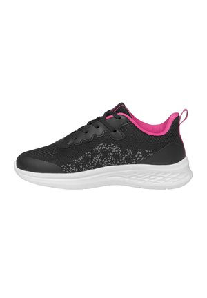 Scarpa sportiva nera e rosa con suola bianca, tomaia in mesh con motivo sottile, design con lacci e colletto imbottito.