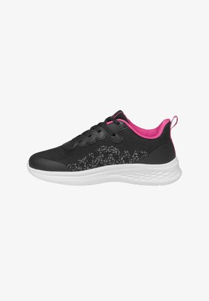 Chaussure de sport noire et rose avec semelle blanche, tige en mesh avec un motif subtil, design à lacets et col rembourré.