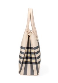 Borsa a tracolla in pelle beige con strisce orizzontali nere e gialle. Presenta manici ricamati e una chiusura con zip sulla parte superiore. Superficie testurizzata.