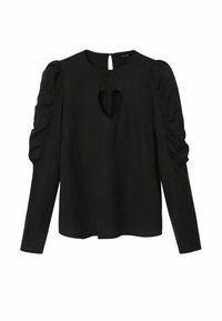 Haut noir à manches longues avec un col rond et une découpe en forme de cœur au niveau de la poitrine ; possède des manches bouffantes froncées et une fermeture en trou de serrure dans le dos.