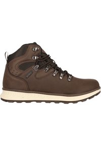 Braune wasserdichte Wanderstiefel mit strukturiertem Finish, Metallösen und Gummisohle. Sie verfügen über einen hohen Schaft zur Unterstützung des Knöchels.