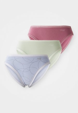 Three lace-trimmed women's briefs in pink, light green, and light blue with circular patterns, stacked on a white background.