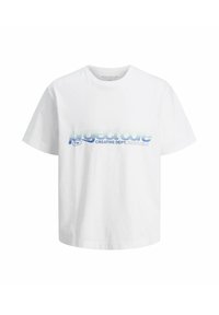 Weißes Baumwoll-T-Shirt mit blauem Farbverlauf-Text: "project core CREATIVE DEPT." Kurze Ärmel und runder Ausschnitt. Einfaches und lässiges Design.