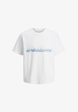 Fehér pamut póló, kék színű gradiens betűkkel: "project core CREATIVE DEPT." Rövid ujjú és kerek nyakkivágású. Egyszerű és laza dizájn.