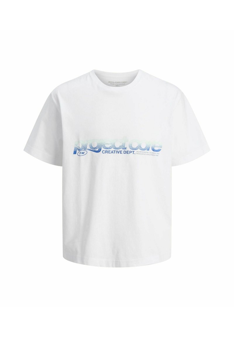 Weißes Baumwoll-T-Shirt mit blauem Farbverlauf-Text: "project core CREATIVE DEPT." Kurze Ärmel und runder Ausschnitt. Einfaches und lässiges Design.