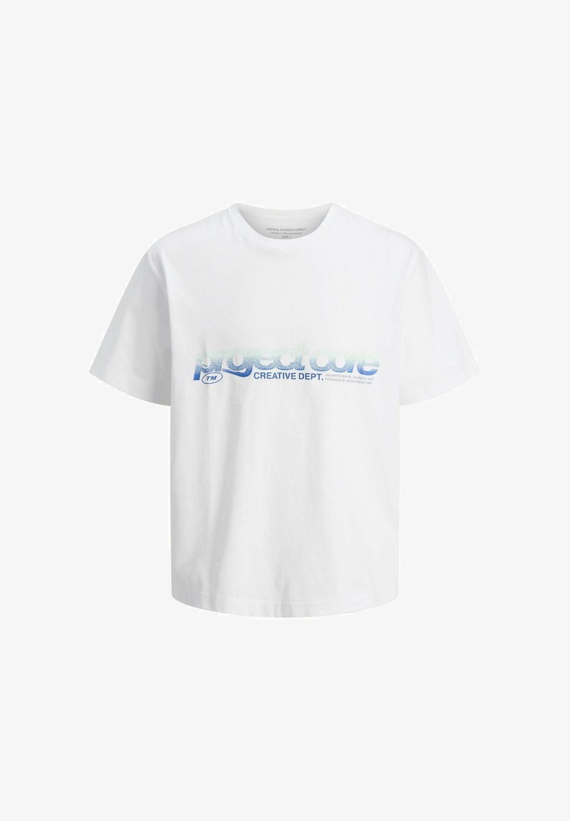 Weißes Baumwoll-T-Shirt mit blauem Farbverlauf-Text: "project core CREATIVE DEPT." Kurze Ärmel und runder Ausschnitt. Einfaches und lässiges Design.