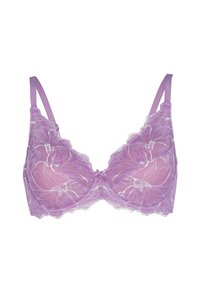 Reggiseno sottile in pizzo lilla con ricami floreali e spalline regolabili su uno sfondo bianco.