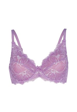 Reggiseno sottile in pizzo lilla con ricami floreali e spalline regolabili su uno sfondo bianco.