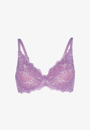 Reggiseno sottile in pizzo lilla con ricami floreali e spalline regolabili su uno sfondo bianco.