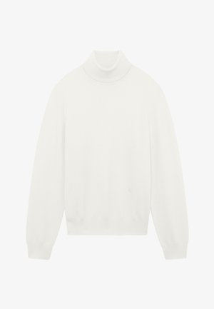 Weißer Rollkragenpullover mit langen Ärmeln, aus weichem Material gefertigt, mit passgenauem Hals und Bündchen sowie einem dezenten Logo auf der Vorderseite.