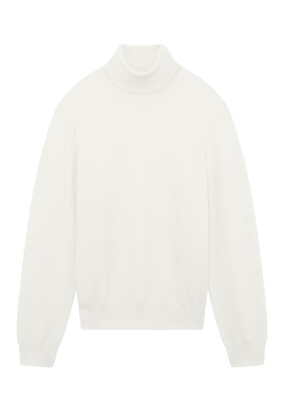 Suéter blanco de cuello alto con mangas largas, hecho de material suave, que presenta un cuello y puños ajustados, y un sutil logo en el frente.