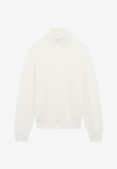 Weißer Rollkragenpullover mit langen Ärmeln, aus weichem Material gefertigt, mit passgenauem Hals und Bündchen sowie einem dezenten Logo auf der Vorderseite.