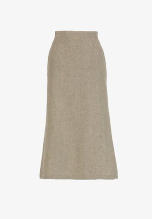 Beige linnen rok met hoge taille, enkel lengte, rechte snit en eenvoudige zoom.