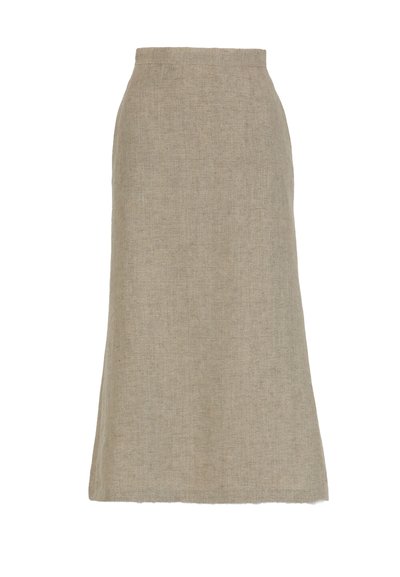 Beige high-waisted, ankle-length linen skirt with a straight cut and simple hem.