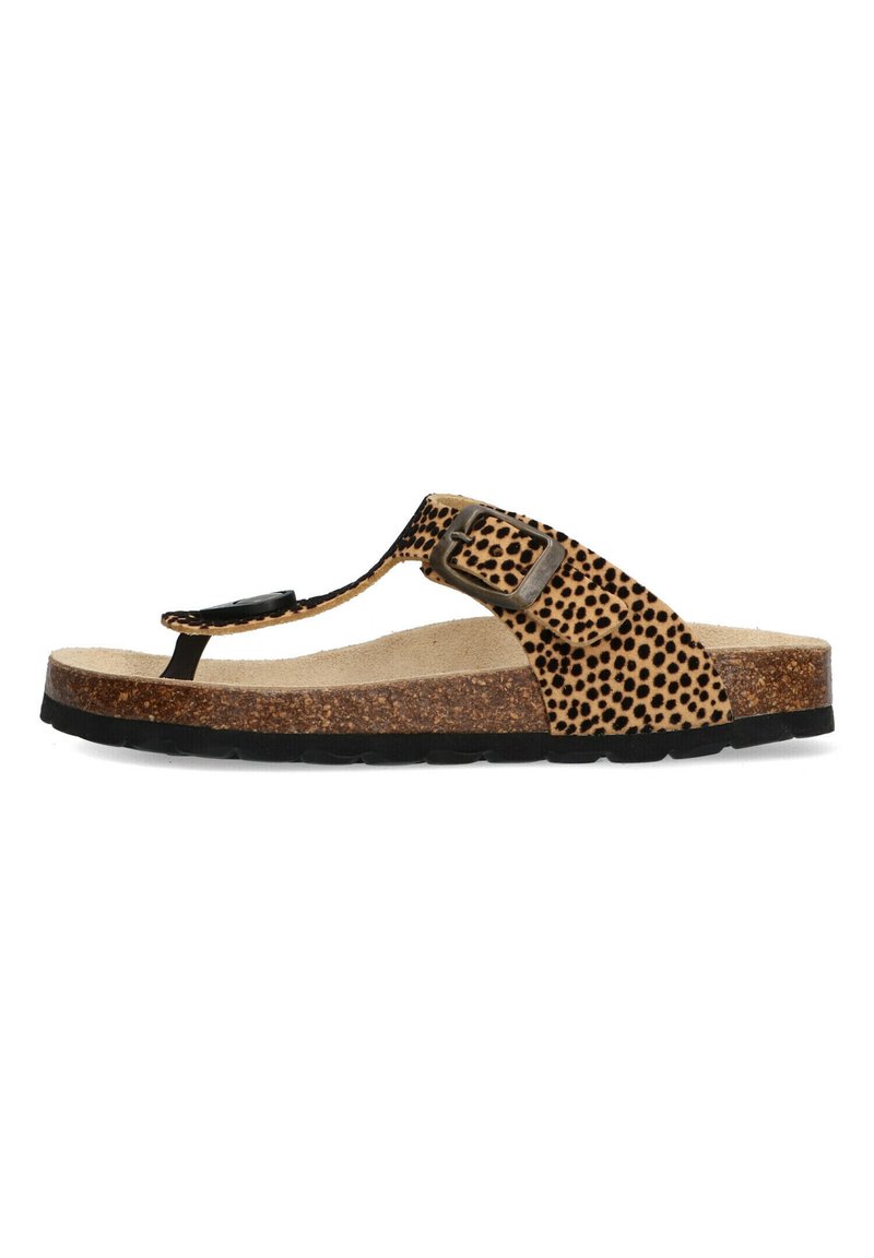 Leopardprint teensandalen met een kurken voetbed, zwarte gespdetails en rubberen zool. Plat ontwerp geschikt voor casual gebruik.