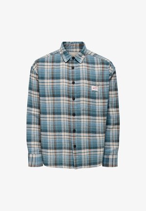 Blue, white, and brown plaid long-sleeve button-up shirt with a collar and chest pocket featuring a small rectangular label.