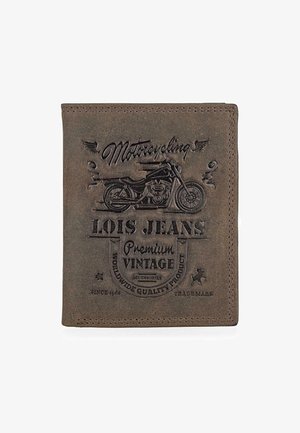 Cartera de cuero marrón con diseño de motocicleta en relieve, texto "Motocycling" y marca "Lois Jeans". Textura suave con esquinas redondeadas.